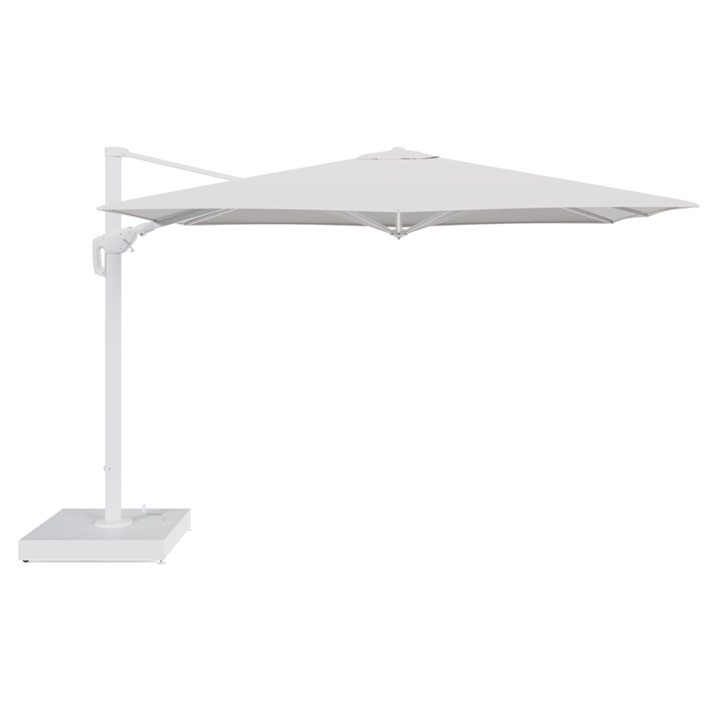 Minore zweefparasol met tiltfunctie in wit aluminium en Ego Eggshell All Weather Solica parasoldoek - L1 280 x L2: 370 cm met parasolvoet Minore 260 kg met wielen