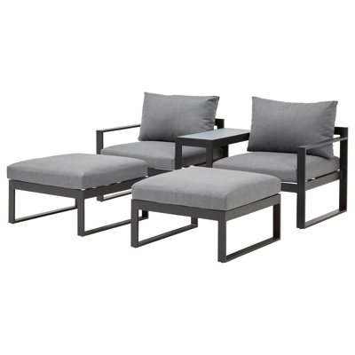 Caldela loungeset in zwart aluminium met grijs polyester kussens en loungetafel