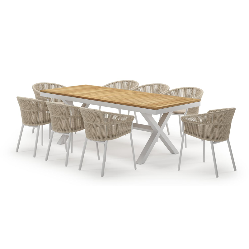 Reza rechthoekige tuinset in wit aluminium en teak natural finish met 8 Matera tuinstoelen