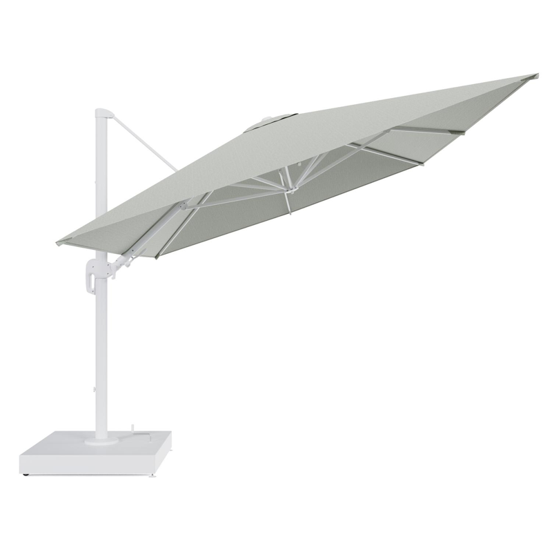 Rufina zweefparasol met tiltfunctie in wit aluminium en Slow Spirea All Weather Sunbrella® Luxe parasoldoek - L1 400 x L2 300 cm met parasolvoet Minore 260 kg met wielen