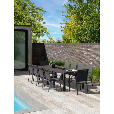 Varese tuinset in zwart aluminium en zwart volkeramiek tafelblad met 10 stapelbare Calobra tuinstoelen