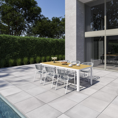 Ellara tuinset in wit aluminium en naturel polywood tafelblad met 6 stapelbare Vigo tuinstoelen