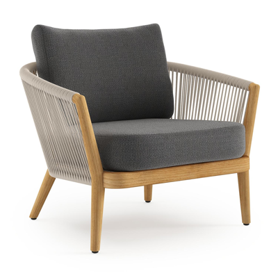 Fauteuil de jardin Orso en tecken corde ronde tissée verticalement beige et coussins en all weather sunbrella® luxe Savane Tornado