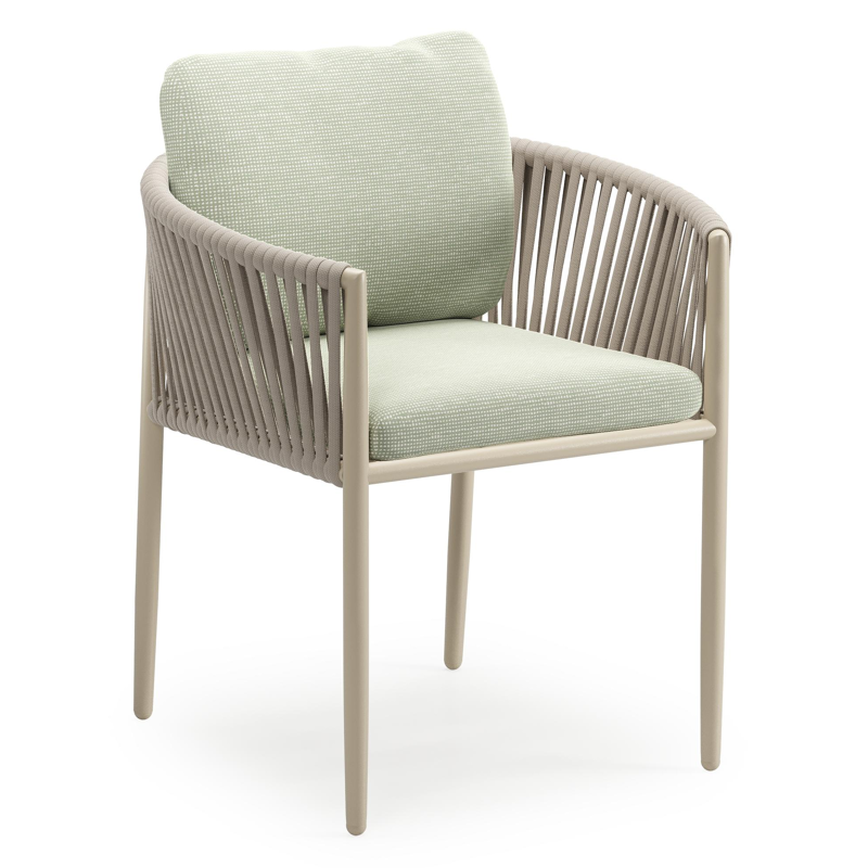 Organo tuinstoel in beige aluminium en beige verticaal geweven luxe vlakke rope met zitkussen in All Weather Sunbrella® Luxe Slow Spirea