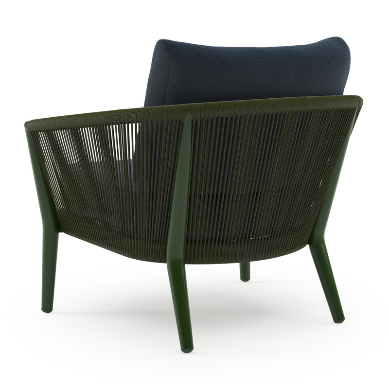 Orso loungestoel in groen aluminium en groen verticaal geweven ronde rope met Heritage Indigo all weather sunbrella® luxe kussen
