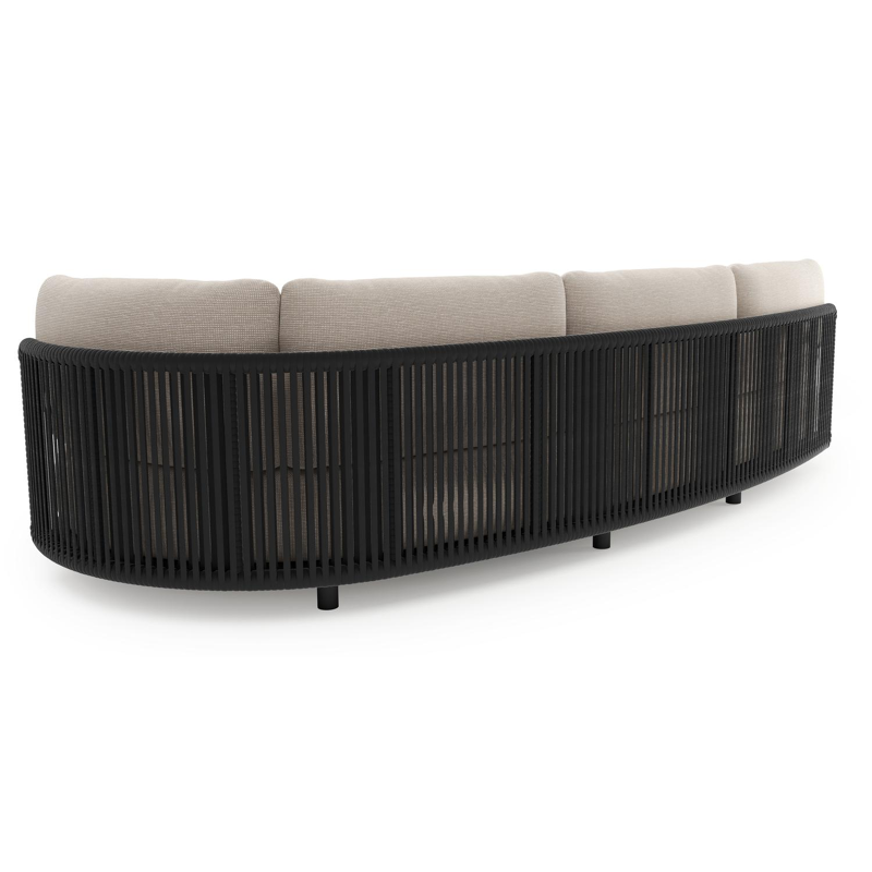 Canapé de jardin Lomano en aluminium noir et corde luxe plate tissée verticalement noir et coussins en all weather sunbrella® luxe slow farafra