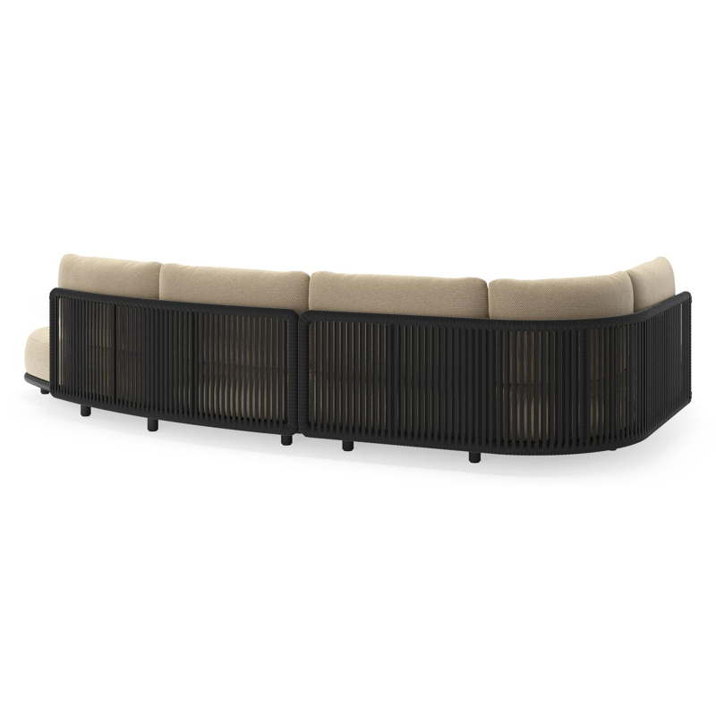Lomano loungehoek in zwart aluminium en zwart verticaal geweven luxe vlakke rope met althea camel all weather cosytica kussen