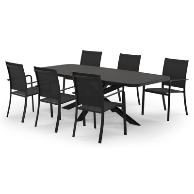 Pamplona ensemble de jardin forme de bateau en aluminium noir en sintered stone notte minerale avec 6 chaises de jardin Calobra