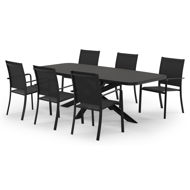 Pamplona bootvormige tuinset in zwart aluminium en sintered stone notte minerale met 6 Calobra tuinstoelen