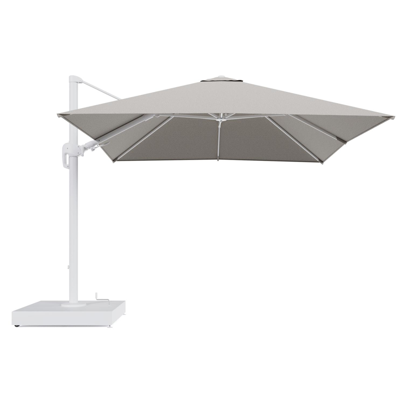 Rufina zweefparasol met tiltfunctie in wit aluminium en Firenze Sand All Weather Solica parasoldoek - L1 300 x L2 300 cm met parasolvoet Minore 260 kg met wielen