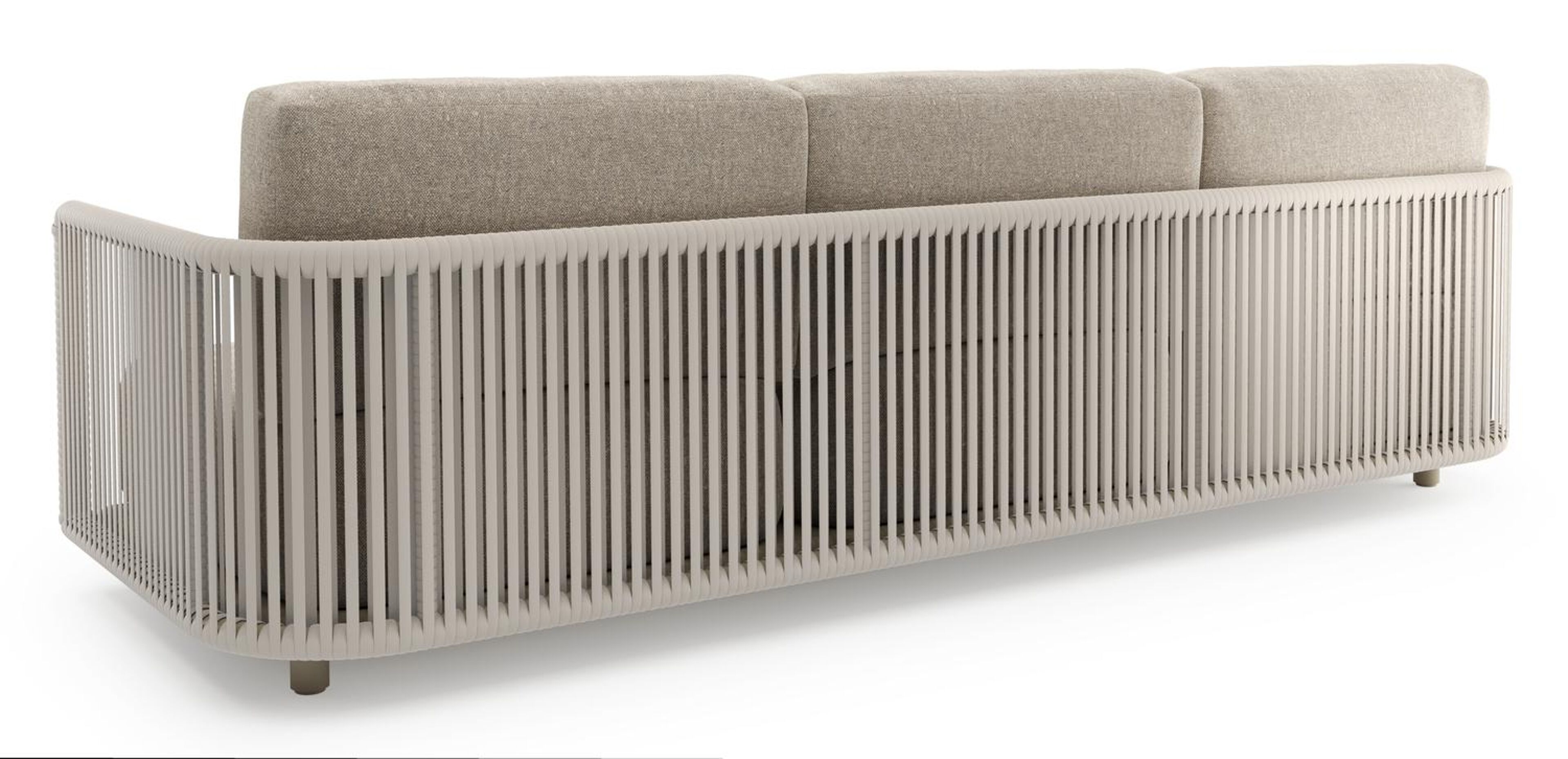 Organo loungebank in beige aluminium en beige verticaal geweven luxe vlakke rope met chartres pewter all weather Sunbrella® luxe kussen