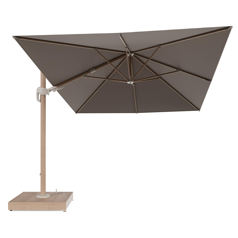 Rufina zweefparasol met tiltfunctie in houtlook aluminium en Firenze Earth All Weather Solica parasoldoek - L1 400 x L2 300 cm met parasolvoet Minore 260 kg met wielen