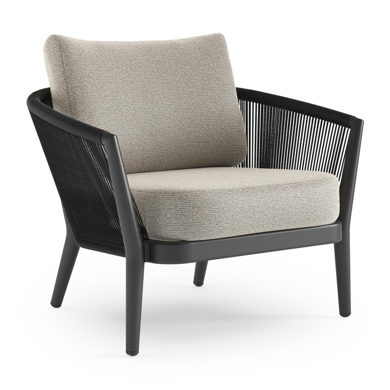 Orso loungestoel in zwart aluminium en zwart verticaal geweven ronde rope met Firenze Sand all weather solica kussen