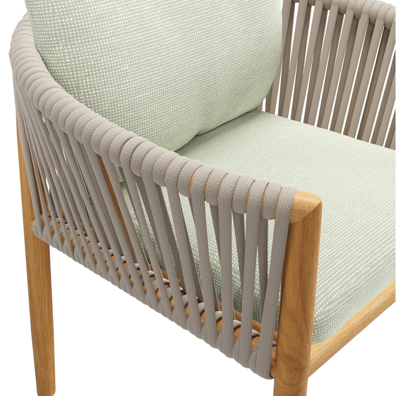 Organo tuinstoel in teak en beige verticaal geweven luxe vlakke rope met zitkussen in All Weather Sunbrella® Luxe Slow Spirea