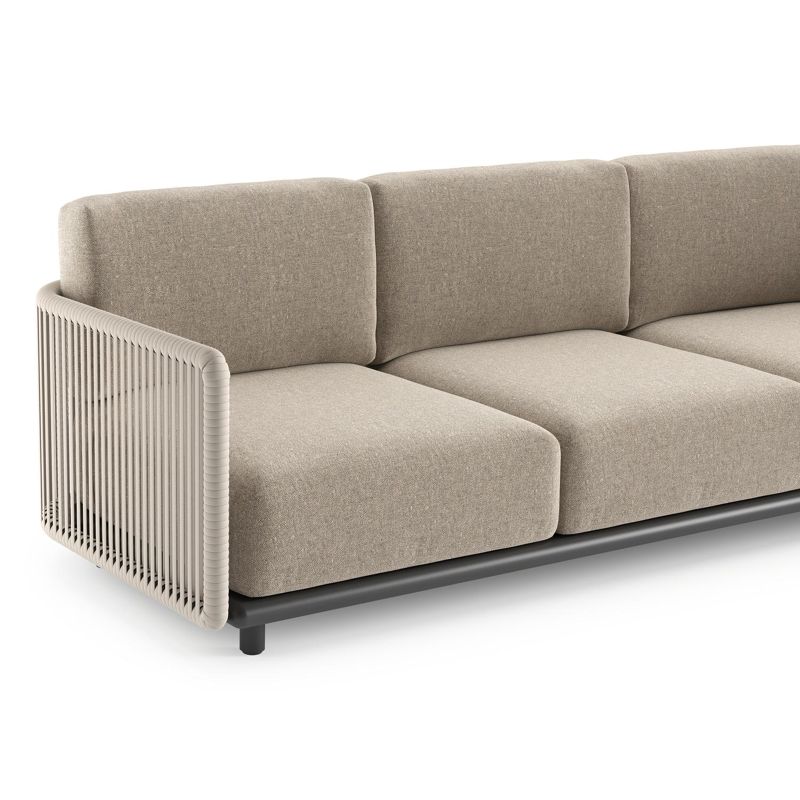 Organo loungehoek in zwart aluminium en beige verticaal geweven luxe vlakke rope met chartres pewter all weather Sunbrella® luxe kussen