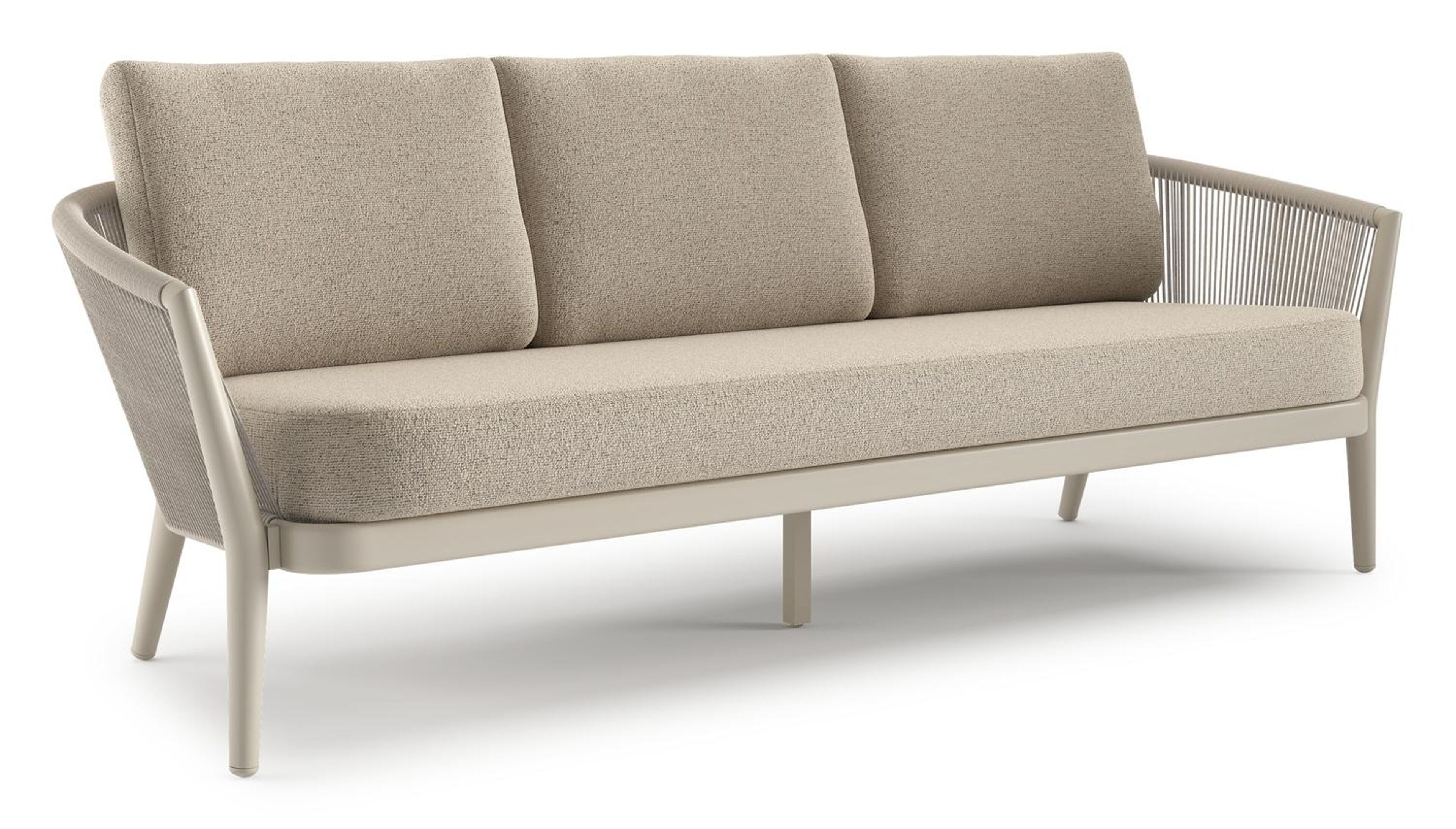 Orso loungebank in beige aluminium en beige verticaal geweven ronde rope met Marbella Beige all weather cosytica kussen