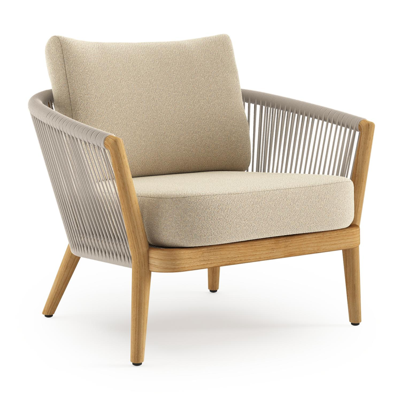 Orso loungestoel in teak en beige verticaal geweven ronde rope met Soul Papyrus all weather solica kussen