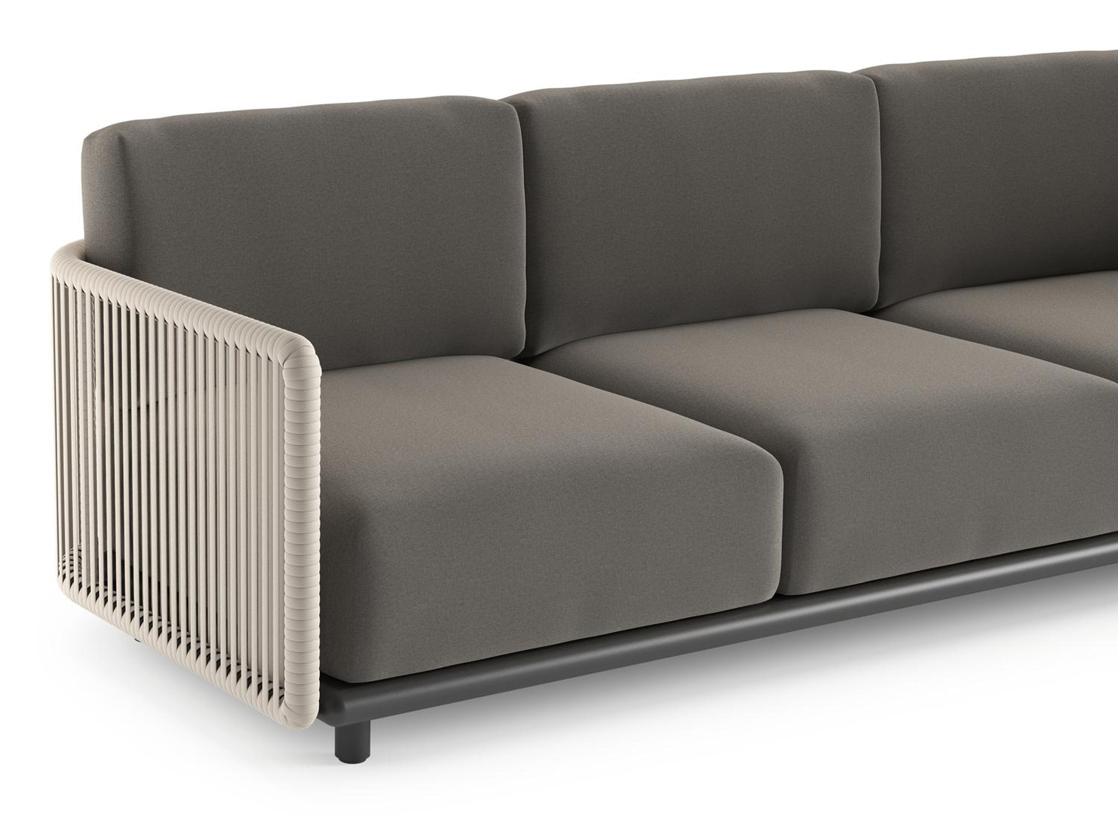 Canapé de jardin Organo en aluminium noir et corde luxe plate tissée verticalement beige et coussin en all weather Sunbrella® luxe natte dark taupe