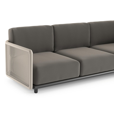 Canapé de jardin Organo en aluminium noir et corde luxe plate tissée verticalement beige et coussin en all weather Sunbrella® luxe natte dark taupe