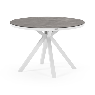 Tora tuinset in wit aluminium en grijs keramische print tafelblad met 4 stapelbare Vigo tuinstoelen