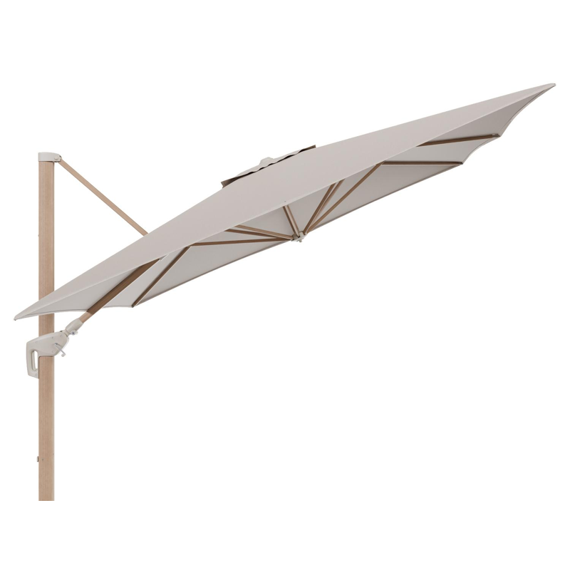 Parasol pendant Minore avec fonction tilt en aluminium aspect de bois et toile de parasol All Weather Sunbrella® Luxe Heritage Ash - Lg.1: 350 x Lg.2: 350 cm (sans pied de parasol