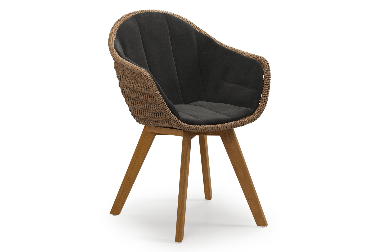 Chaise de jardin Pagino en teck naturel et résine tressée ronde brun avec coussin en All Weather Sunbrella® Luxe Natte Sooty