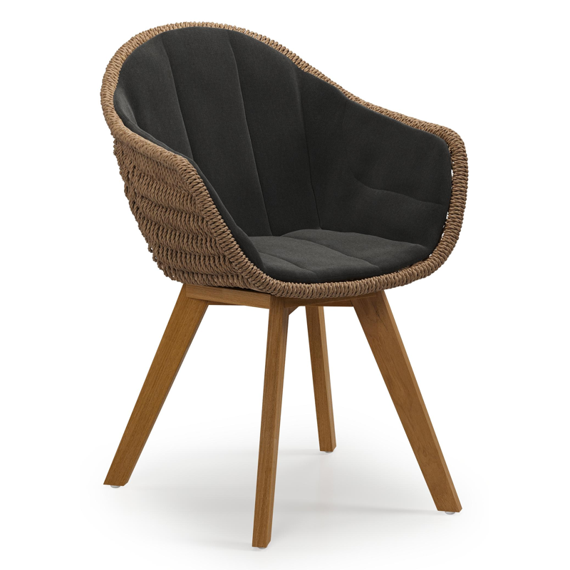 Pagino tuinstoel in teak en bruin ronde wicker met zitkussen in All Weather Sunbrella® Luxe Natte Sooty