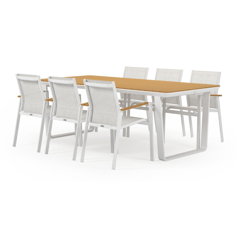 Alora tuinset in wit aluminium en polywood tafelblad met 6 stapelbare Bahia tuinstoelen