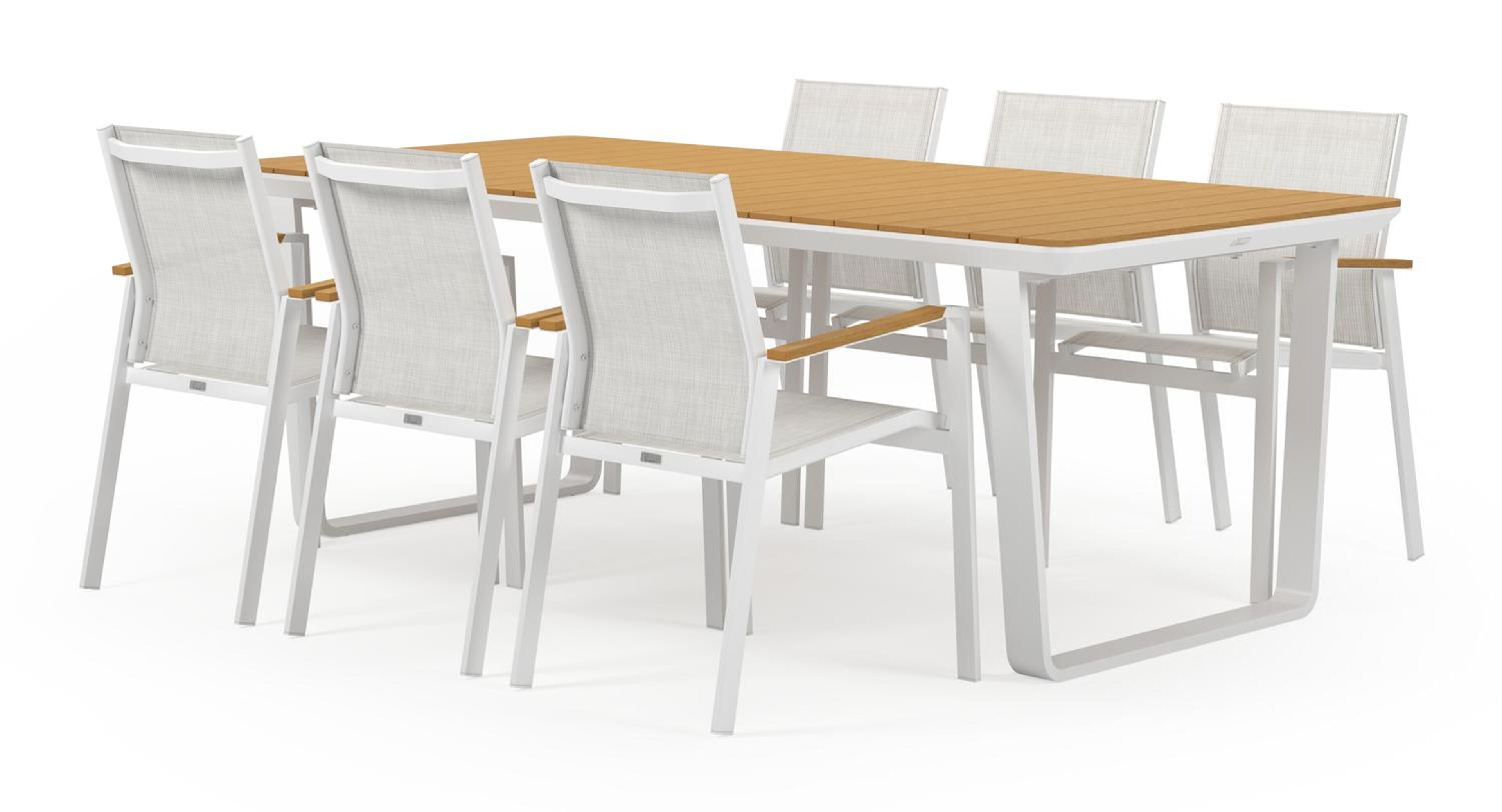 Alora tuinset in wit aluminium en polywood tafelblad met 6 stapelbare Bahia tuinstoelen
