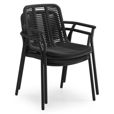 Berga tuinstoel in zwart aluminium en zwart verticaal geweven ronde rope