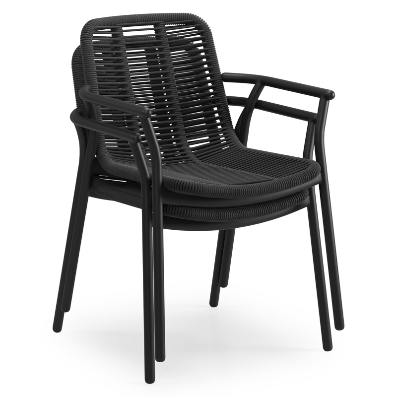 Chaise de jardin Berga en aluminium noir et corde tissée verticalement beige