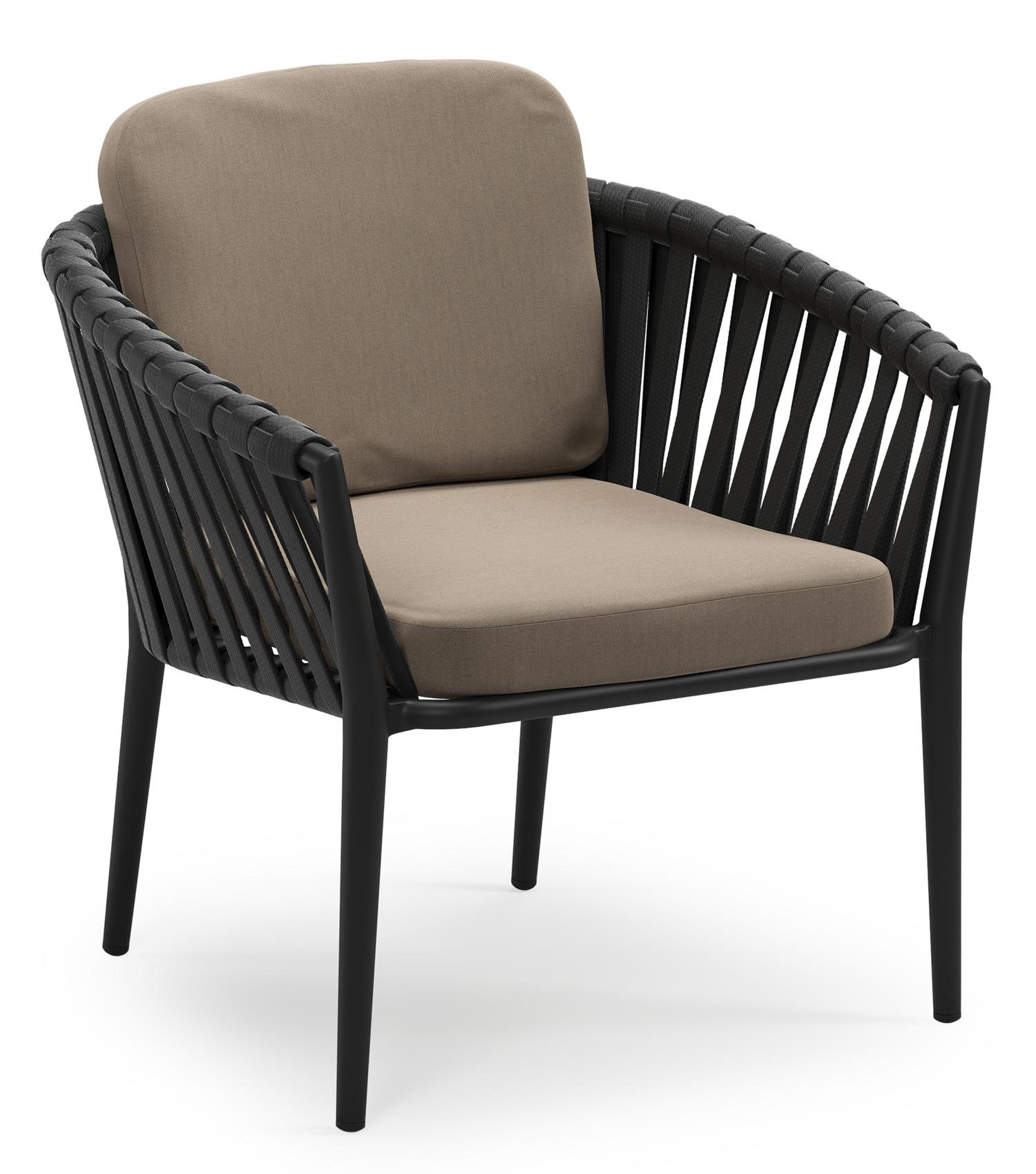 Orso low dining tuinstoel in zwart aluminium en zwart verticaal geweven luxe vlakke brede rope met stoelkussen in All Weather Sunbrella® Luxe Natte Heather Grey