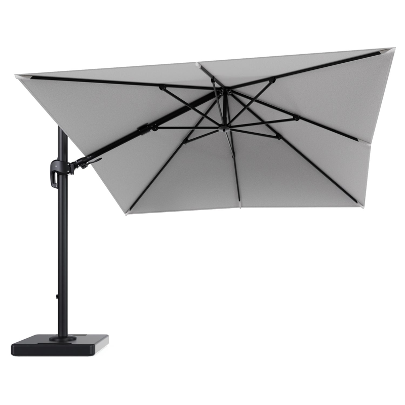 Parasol pendant Rufina avec fonction tilt en aluminium noir et toile de parasol en All Weather Solica Ego Birch - Lg.1 300 x Lg.2 300 cm avec pied de parasol Lapido 160 kg