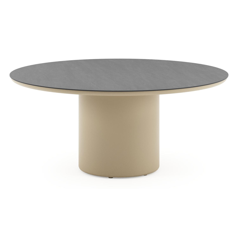 Amico low dining tuintafel rond in beige aluminium en volkeramiek Basalt Black - Dia. 148 x H 61 cm