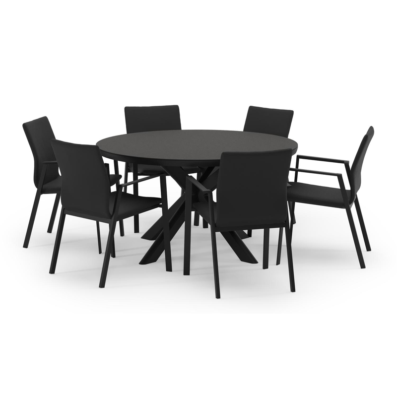 Pamplona ronde tuinset in zwart aluminium en sintered stone notte minerale met 6 Madura tuinstoelen