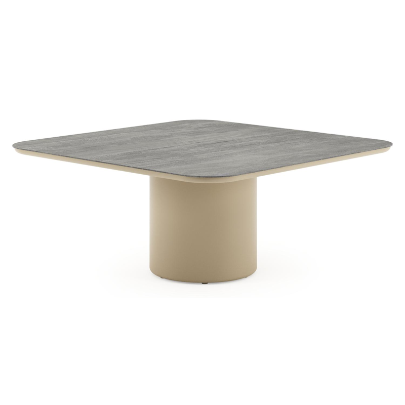 Amico low dining tuintafel afgerond vierkant in beige aluminium en volkeramiek Aspen Grey - L 148 x B 148 x H 61 cm