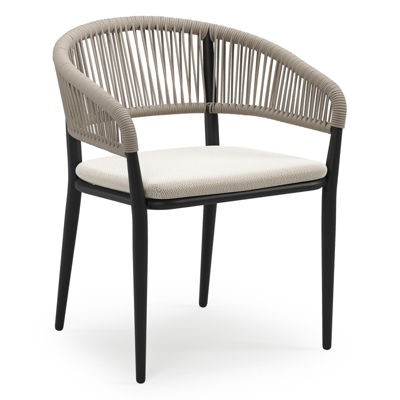 Tolfa stapelbare tuinstoel in zwart aluminium en beige verticaal geweven ronde rope met stoelkussen in All Weather Sunbrella® Luxe Lopi Marble