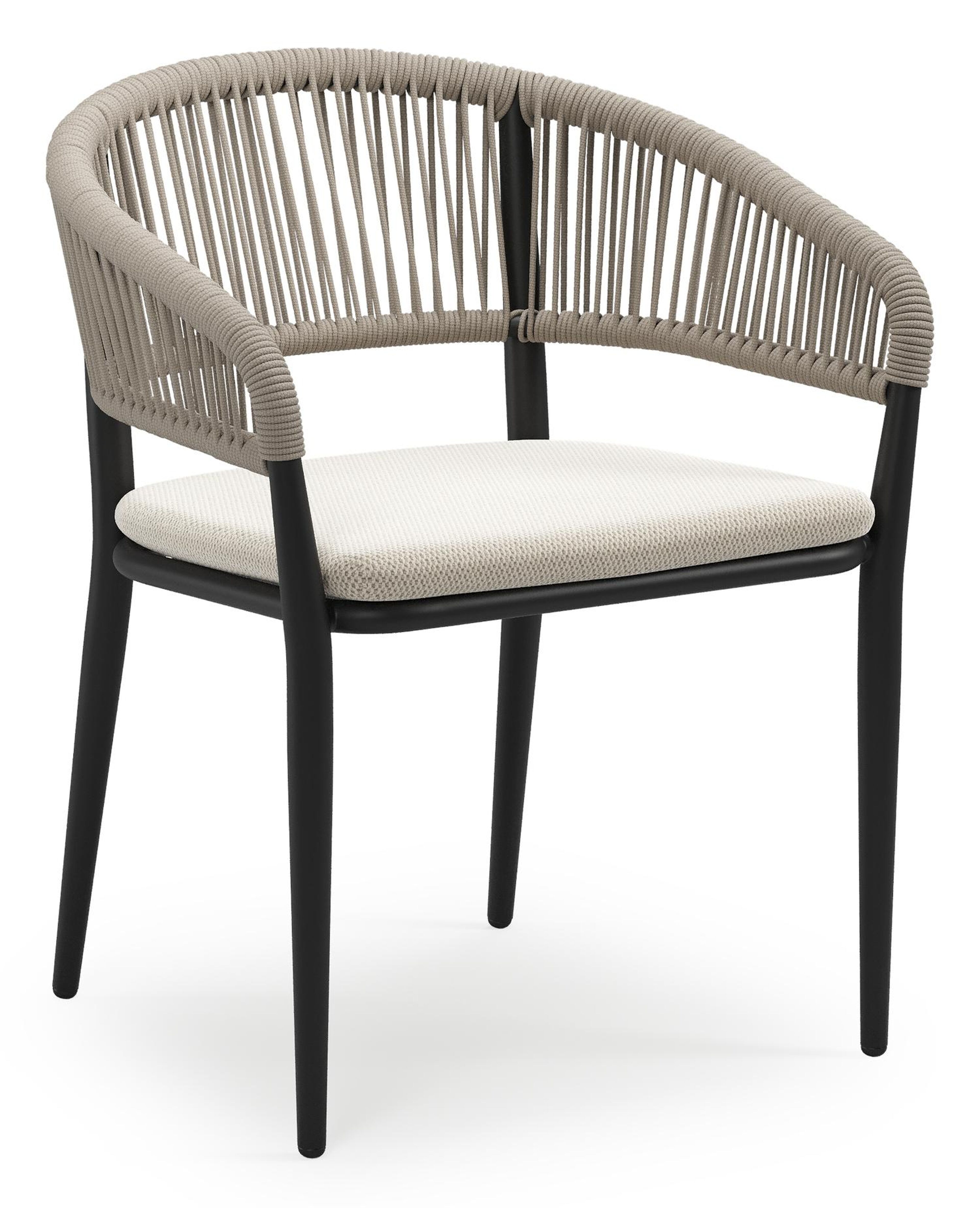 Tolfa stapelbare tuinstoel in zwart aluminium en beige verticaal geweven ronde rope met stoelkussen in All Weather Sunbrella® Luxe Lopi Marble