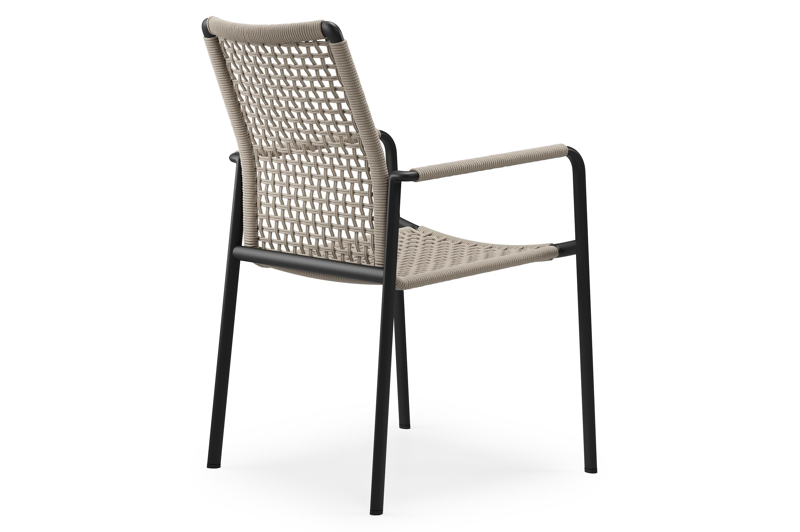 Como tuinstoel in zwart aluminium en beige vierkant geweven ronde rope