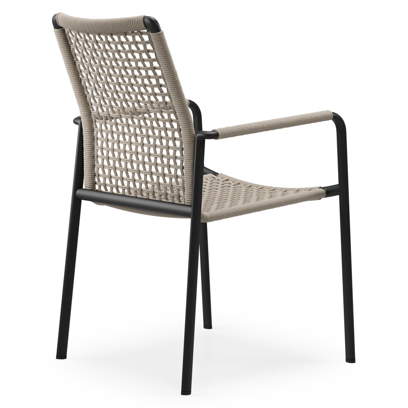Como tuinstoel in zwart aluminium en beige vierkant geweven ronde rope