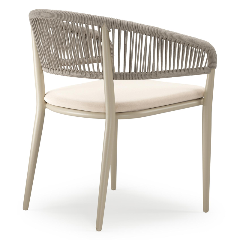 Tolfa stapelbare tuinstoel in beige aluminium en beige verticaal geweven ronde rope met stoelkussen in All Weather Sunbrella® Luxe Natte Linen Chalk