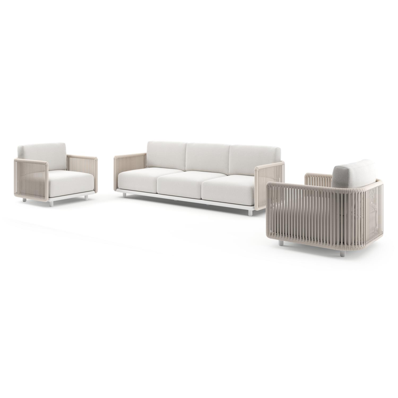 Salon de jardin Organo en aluminium blanc et corde luxe plate tissée verticalement beige et coussin en all weather Solica soul optik