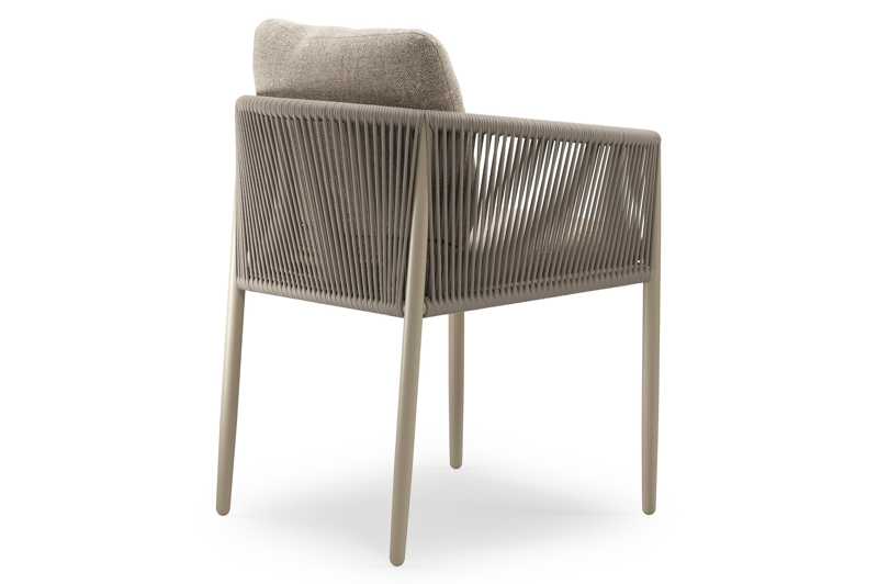 Organo tuinstoel in zwart aluminium en beige verticaal geweven luxe vlakke rope met stoelkussen in All Weather Sunbrella® Luxe Chartres Pewter