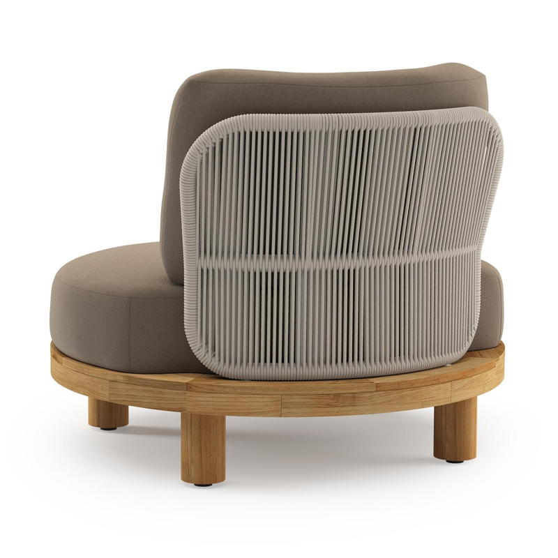 Donato loungestoel in teak en beige verticaal geweven ronde rope met all weather sunbrella® luxe Natte Heather Grey kussen