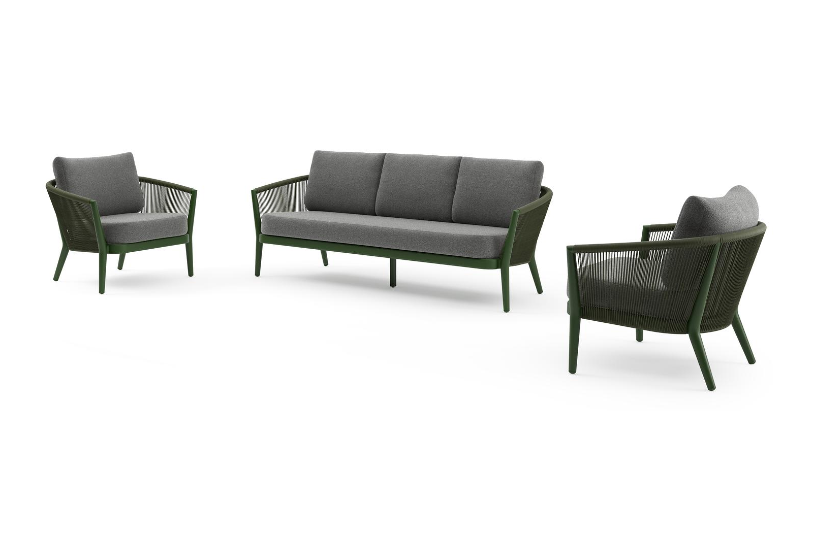 Salon de jardin Orso en aluminium vert en corde ronde tissée verticalement vert et coussins en all weather cosytica Catania Black