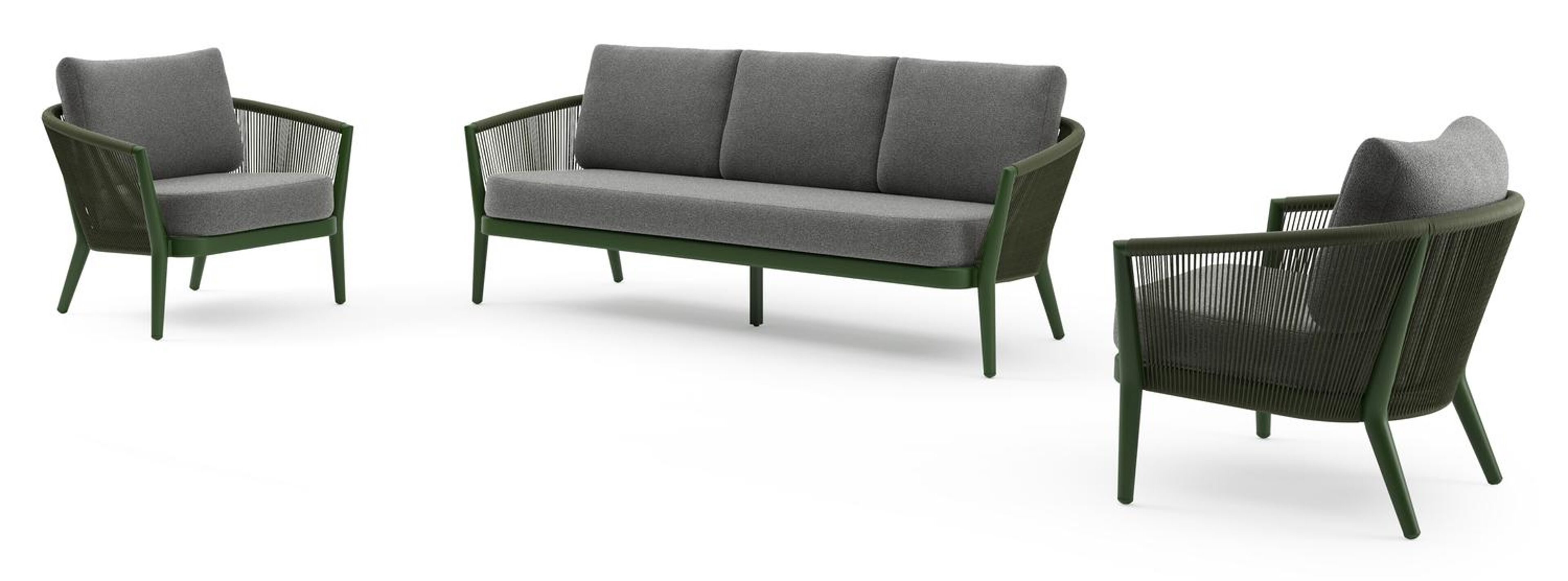 Orso loungeset in groen aluminium en groen verticaal geweven ronde rope met Catania Black all weather cosytica kussen