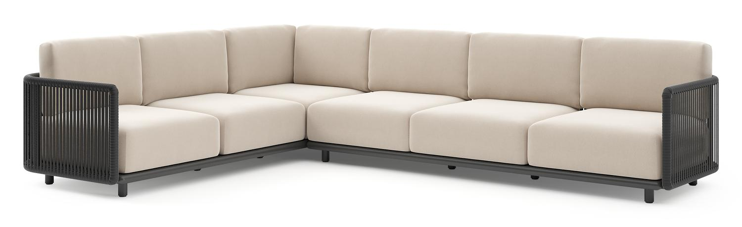 Salon de jardin d'angle Organo en aluminium noir et corde luxe plate tissée verticalement noir et coussin en all weather Sunbrella® luxe lopi antique