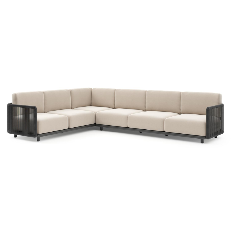 Organo loungehoek in zwart aluminium en zwart verticaal geweven luxe vlakke rope met lopi antique all weather Sunbrella® luxe kussen