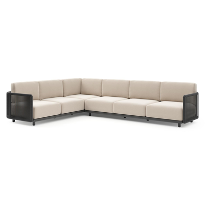 Organo loungehoek in zwart aluminium en zwart verticaal geweven luxe vlakke rope met lopi antique all weather Sunbrella® luxe kussen