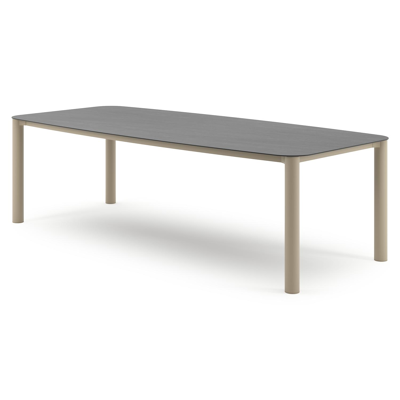 Table de jardin Orso forme de bateau en aluminium beige et céramique pleine Basalt Black - Lg. 255 x Lrg. 115 x Haut. 74.5 cm